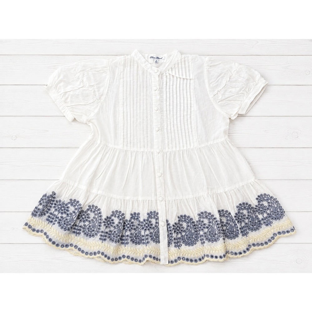 Blue Tassel White Pintuck Embroidered Babydoll Top Puff Sleeve Cottagecore S